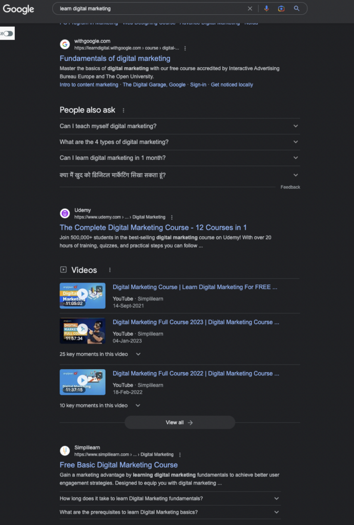 SERP for the Keyword "Learn Digital Marketing"